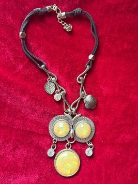 Vintage Boho Owl Necklace Leather & Silver Plated Crystal Holographic Y2K Unique